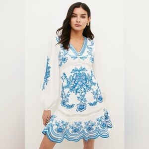 Karen Millen White Dress with Blue Embroidery size 4P